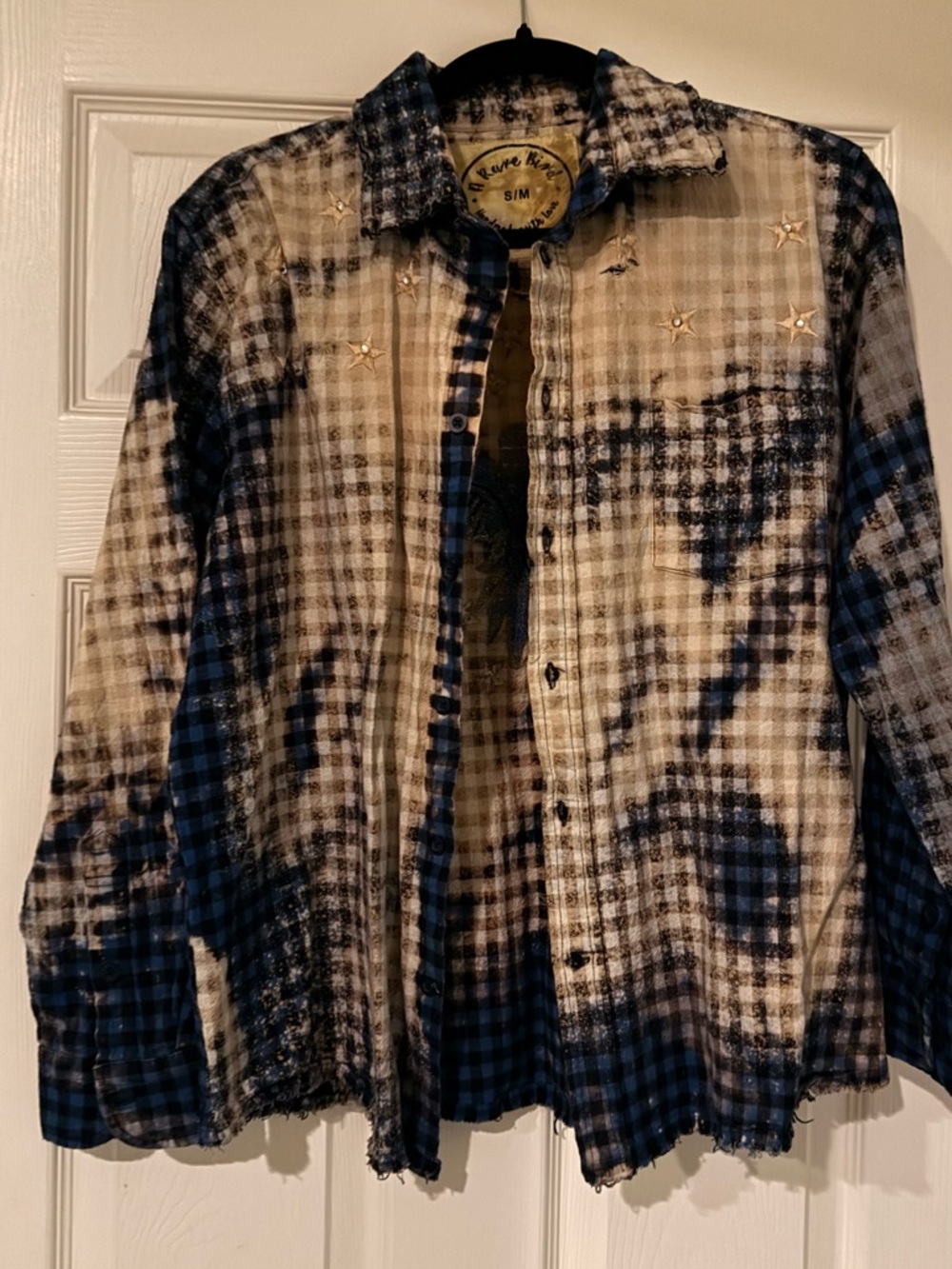 Rare bird Distressed Tie-Dye Plaid Button-Up Shirt in Blue and Cream